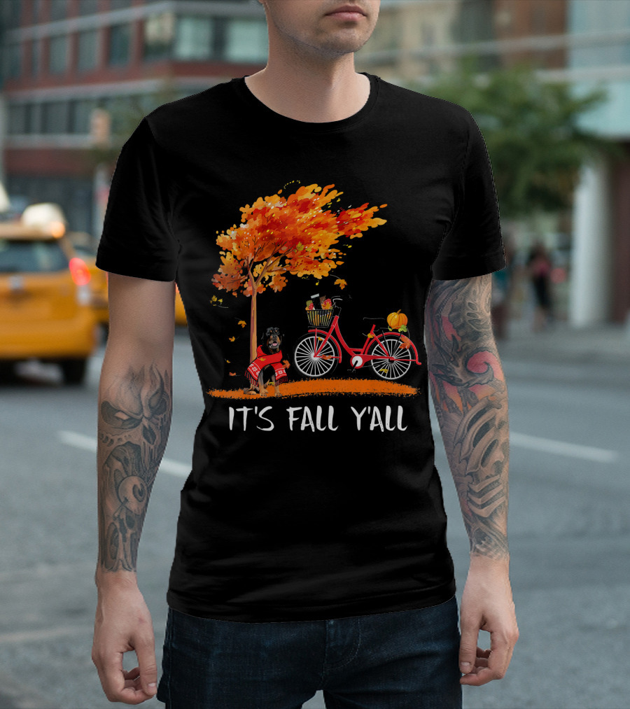 It's Fall Y'all Rottweiler Beside Red Bike with Pumpkin and Autumn Tree T-Shirt