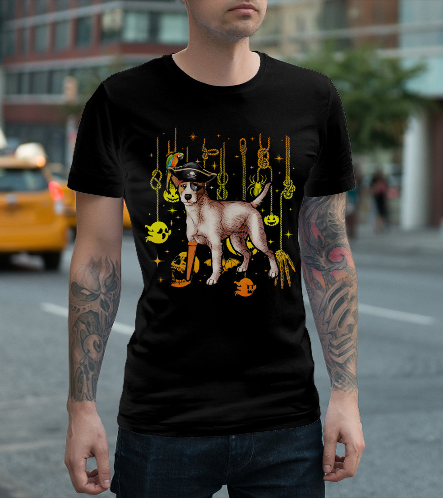Jack Russell Terrier Pirate Halloween With Ghosts And Pumpkins T-Shirt