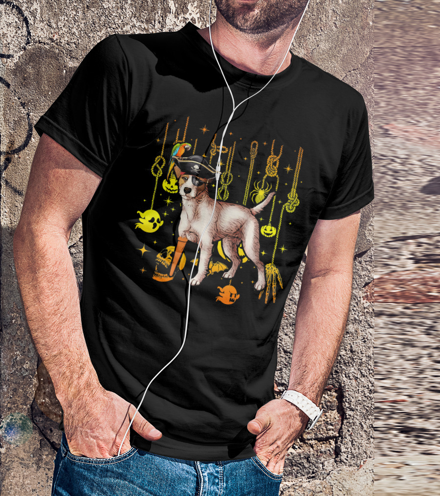 Jack Russell Terrier Pirate Halloween With Ghosts And Pumpkins T-Shirt
