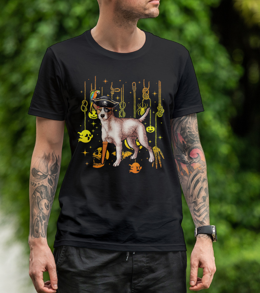 Jack Russell Terrier Pirate Halloween With Ghosts And Pumpkins T-Shirt
