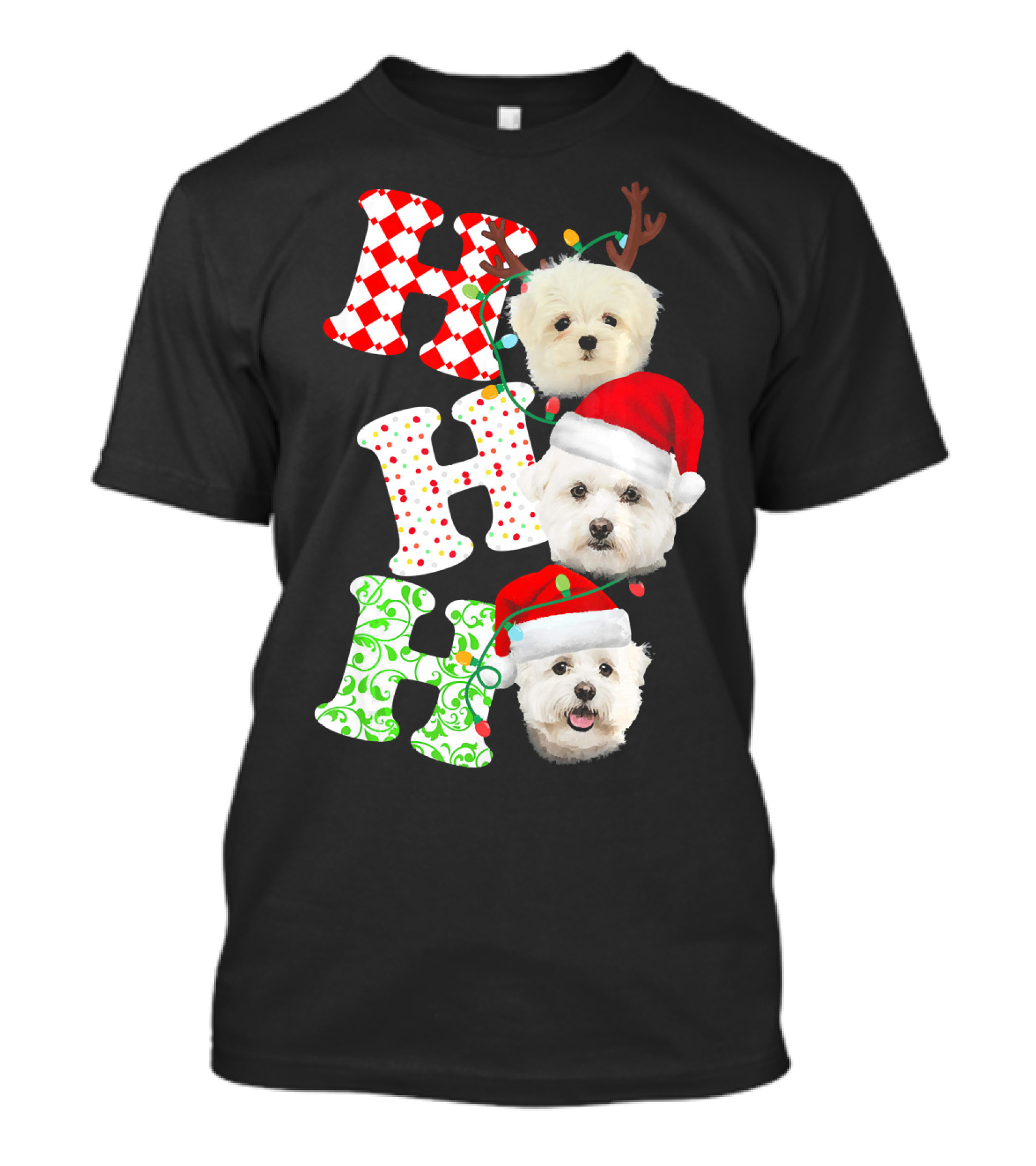 Ho Ho Ho Maltese Santa Hat Christmas Dogs T-Shirt