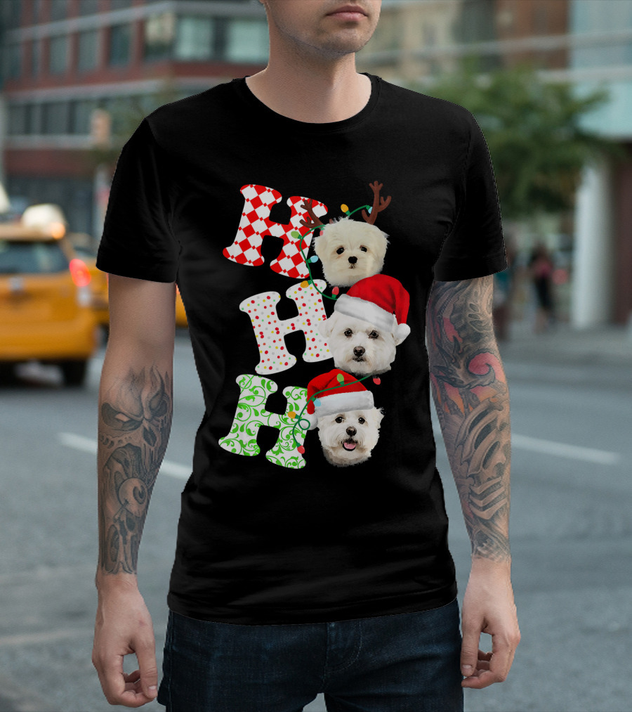 Ho Ho Ho Maltese Santa Hat Christmas Dogs T-Shirt