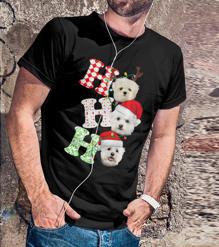 Ho Ho Ho Maltese Santa Hat Christmas Dogs T-Shirt