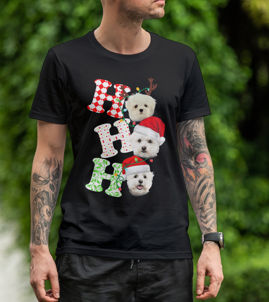 Ho Ho Ho Maltese Santa Hat Christmas Dogs T-Shirt