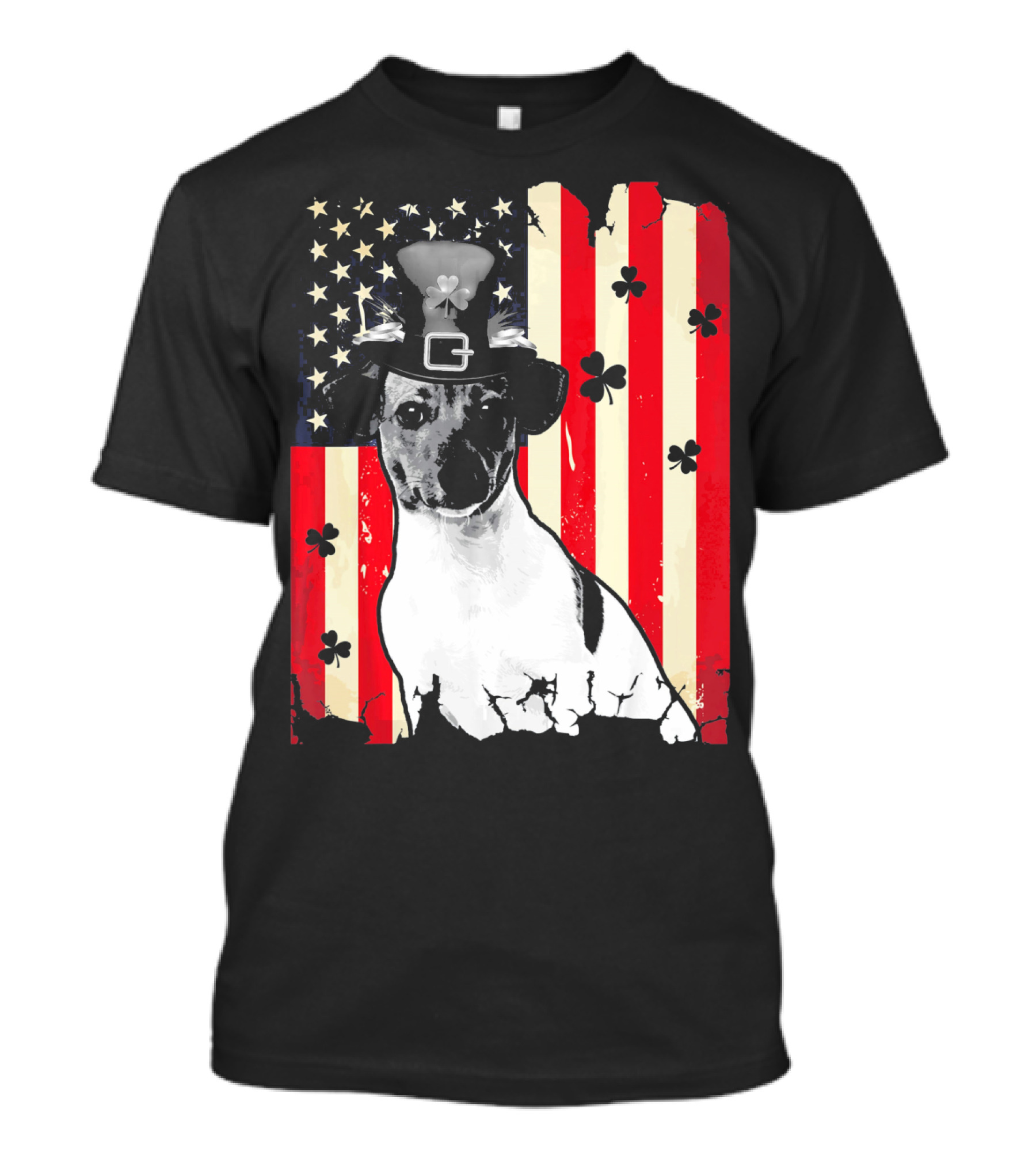 Jack Russell Terrier With Leprechaun Hat And Shamrocks On American Flag St Patrick's Day T-Shirt