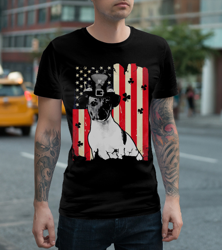 Jack Russell Terrier With Leprechaun Hat And Shamrocks On American Flag St Patrick's Day T-Shirt