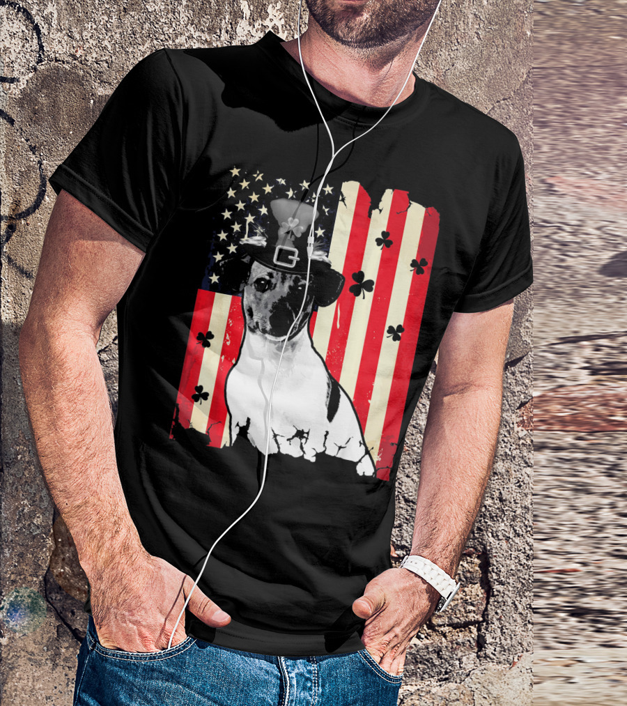 Jack Russell Terrier With Leprechaun Hat And Shamrocks On American Flag St Patrick's Day T-Shirt