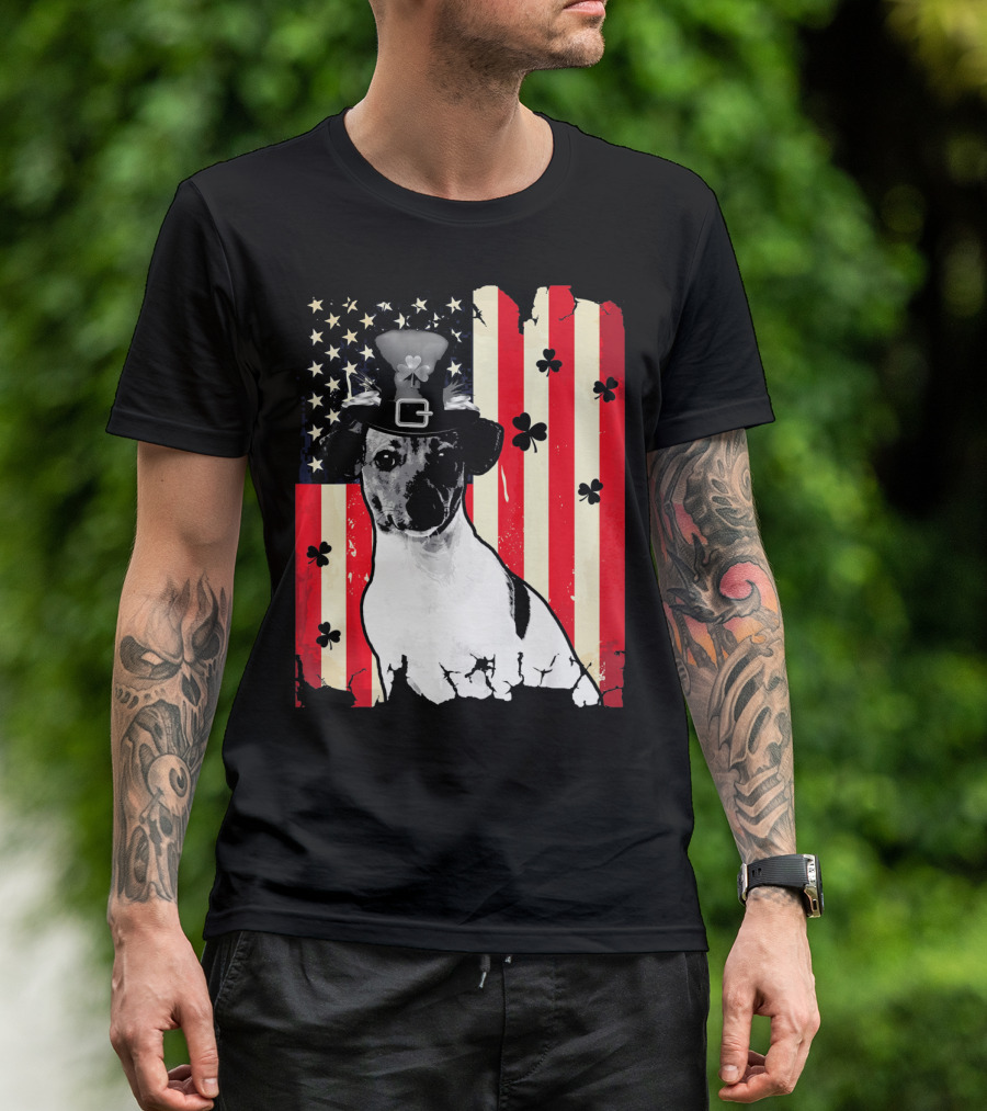 Jack Russell Terrier With Leprechaun Hat And Shamrocks On American Flag St Patrick's Day T-Shirt