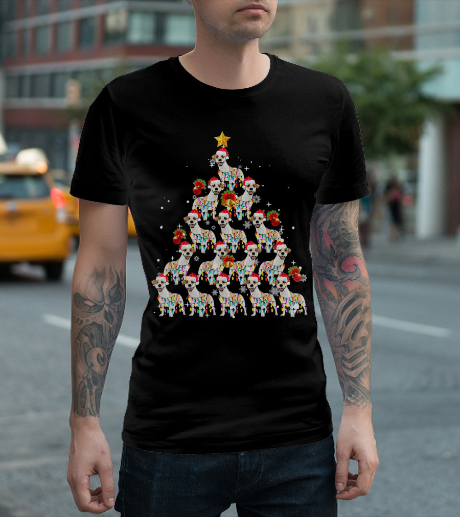 Jack Russell Christmas Tree With Festive Lights And Santa Hats T-Shirt