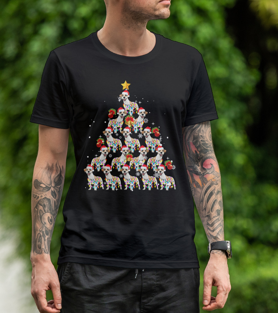 Jack Russell Christmas Tree With Festive Lights And Santa Hats T-Shirt
