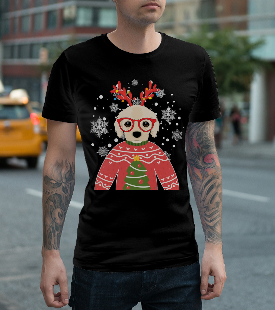 Long Sleeve Reindeer Antler Glasses Christmas Tree Snowflakes Cocker Spaniel Costume T-Shirt