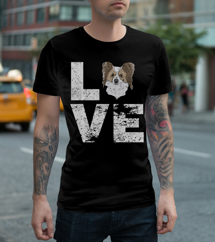 LOVE Papillon Dog Head Typography T-Shirt