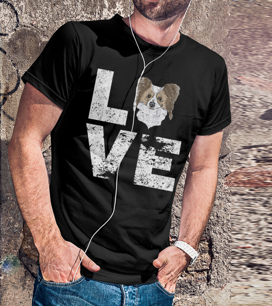LOVE Papillon Dog Head Typography T-Shirt