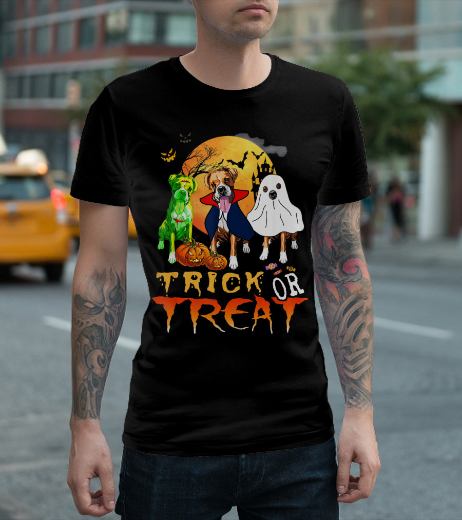 Trick Or Treat Halloween Boxer Dogs in Costume with Pumpkins and Spooky Moon Background T-Shirt