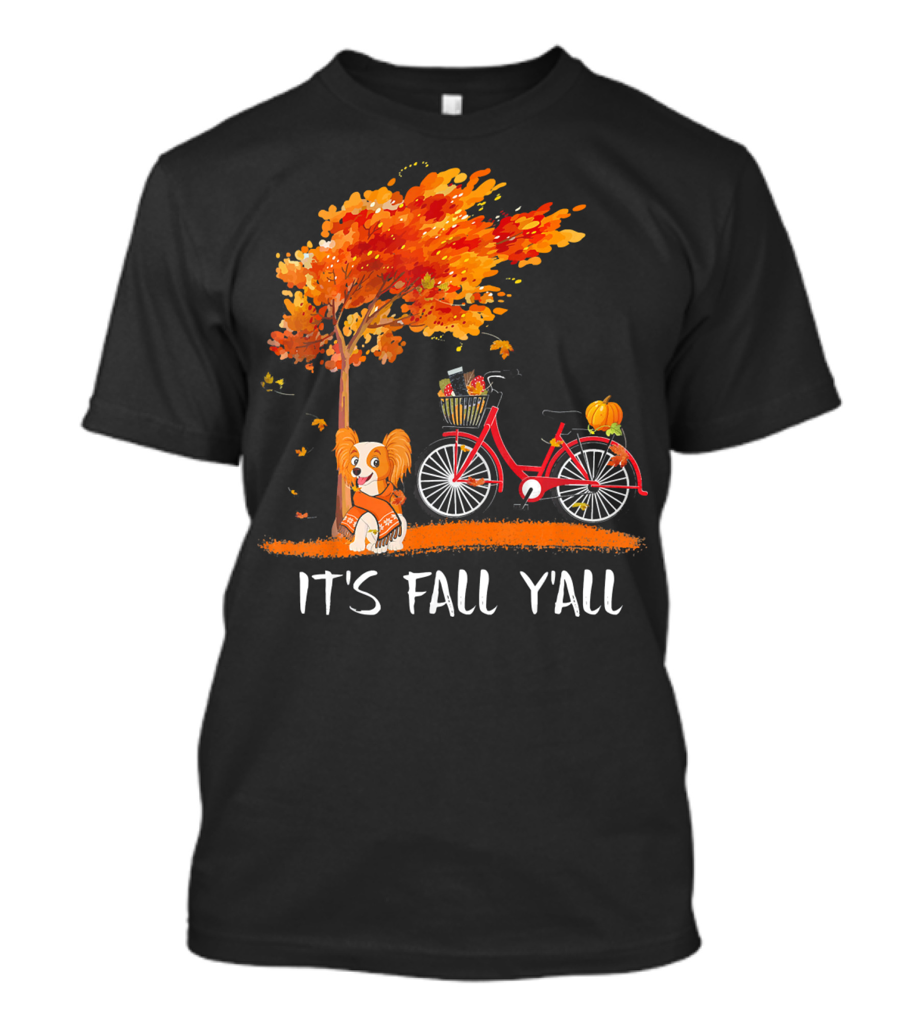 It's Fall Y'all Papillon With Red Bike Pumpkin Spice Under Autumn Tree T-Shirt
