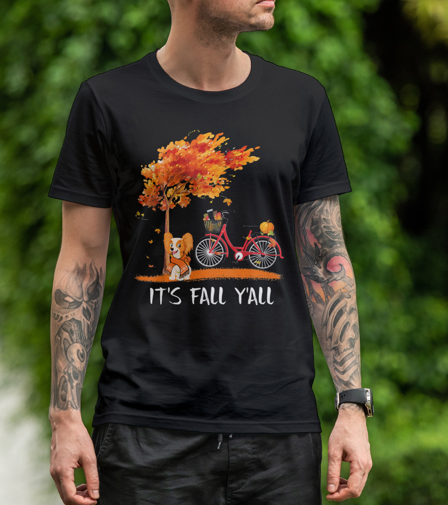 It's Fall Y'all Papillon With Red Bike Pumpkin Spice Under Autumn Tree T-Shirt