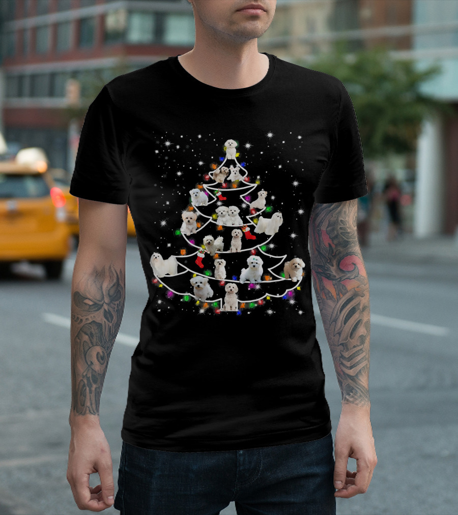 Maltese Dogs Christmas Tree with Lights and Stockings T-Shirt