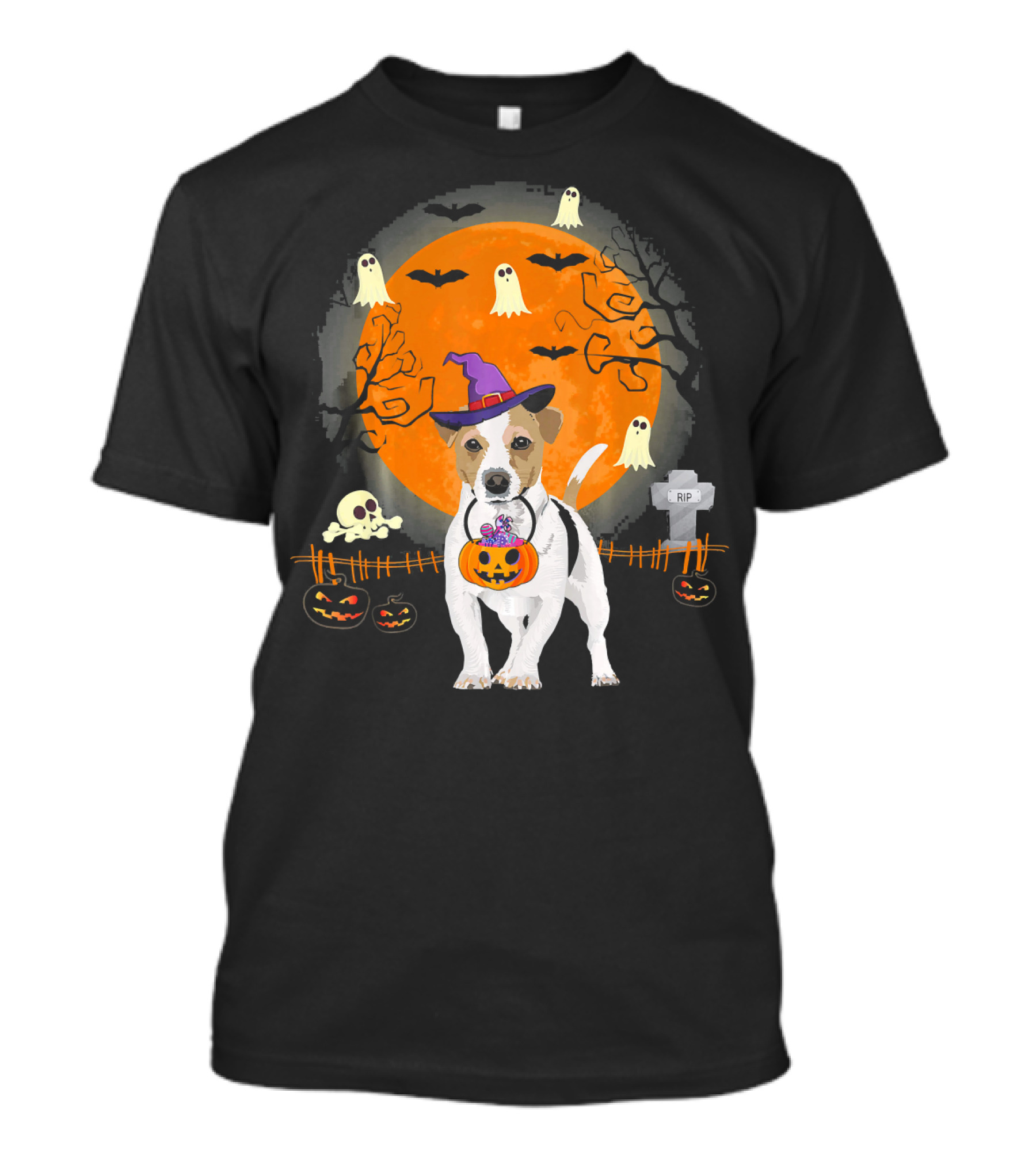 Jack Russell Witch Halloween Pumpkin Ghosts Bats Graveyard Scene T-Shirt