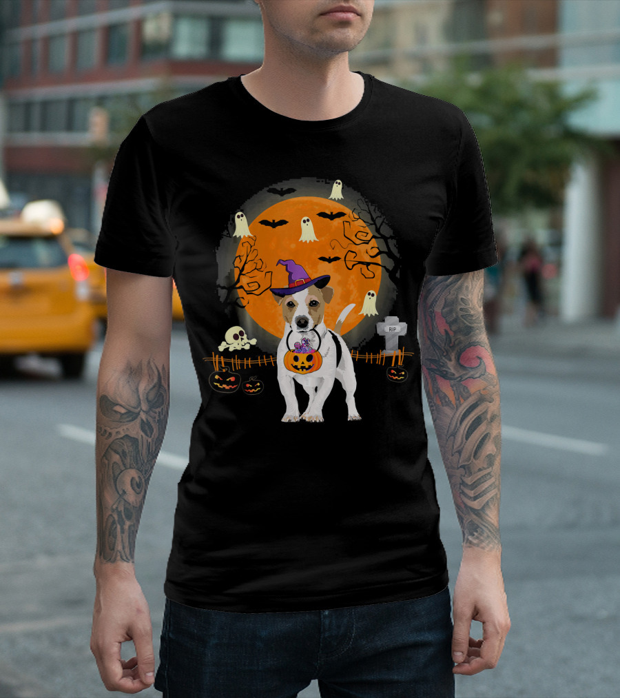 Jack Russell Witch Halloween Pumpkin Ghosts Bats Graveyard Scene T-Shirt