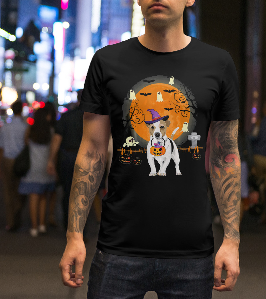 Jack Russell Witch Halloween Pumpkin Ghosts Bats Graveyard Scene T-Shirt