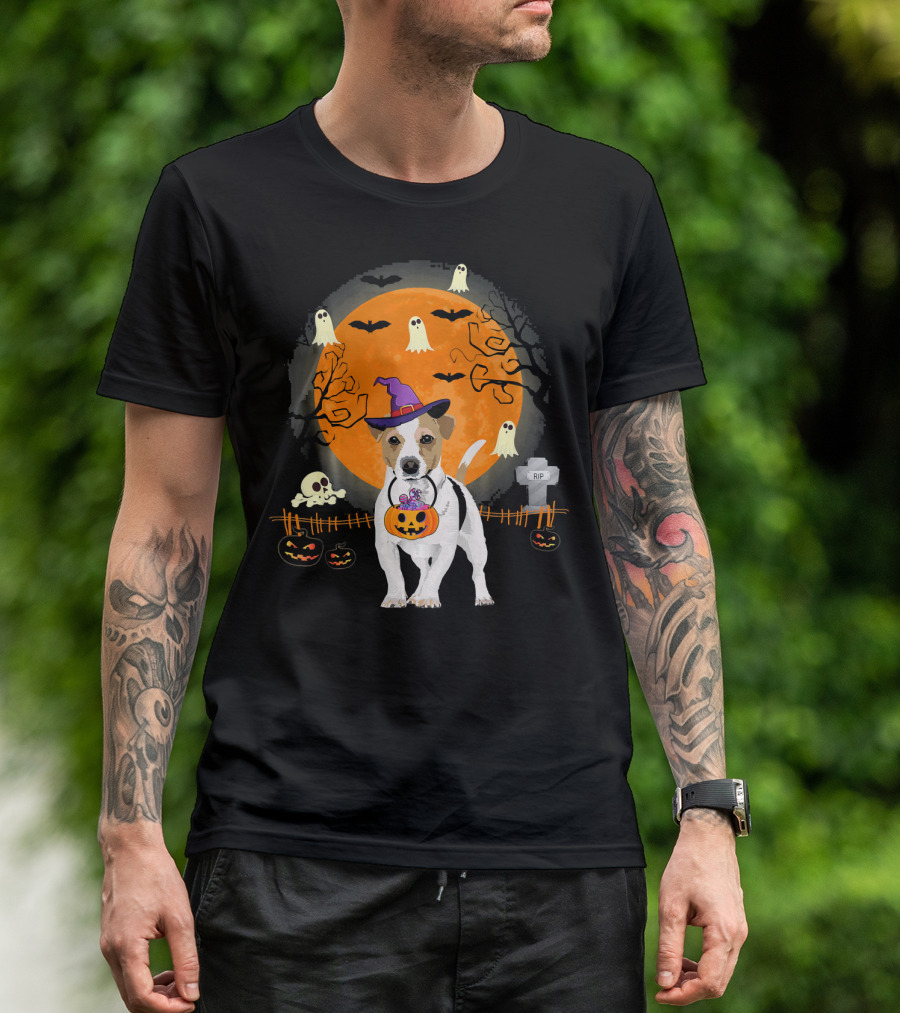 Jack Russell Witch Halloween Pumpkin Ghosts Bats Graveyard Scene T-Shirt