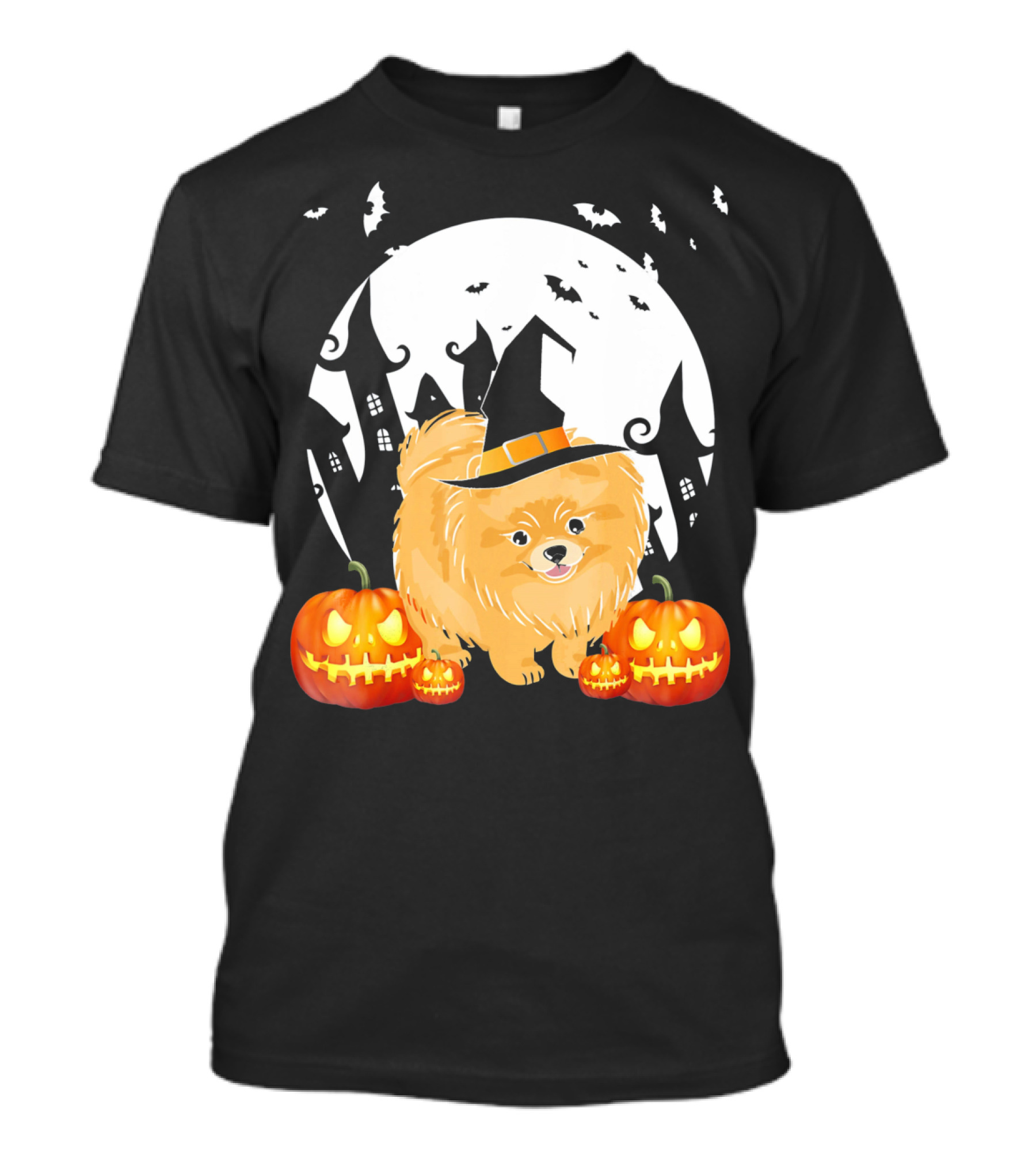 Happy Halloween Witch Hat Pomeranian With Pumpkins And Moon背景 T-Shirt