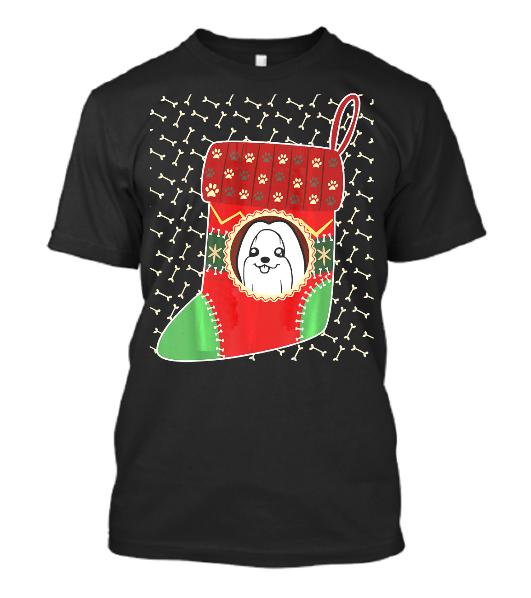 Maltese Dog In Red Green Christmas Stocking With Paw Prints And Bones T-Shirt