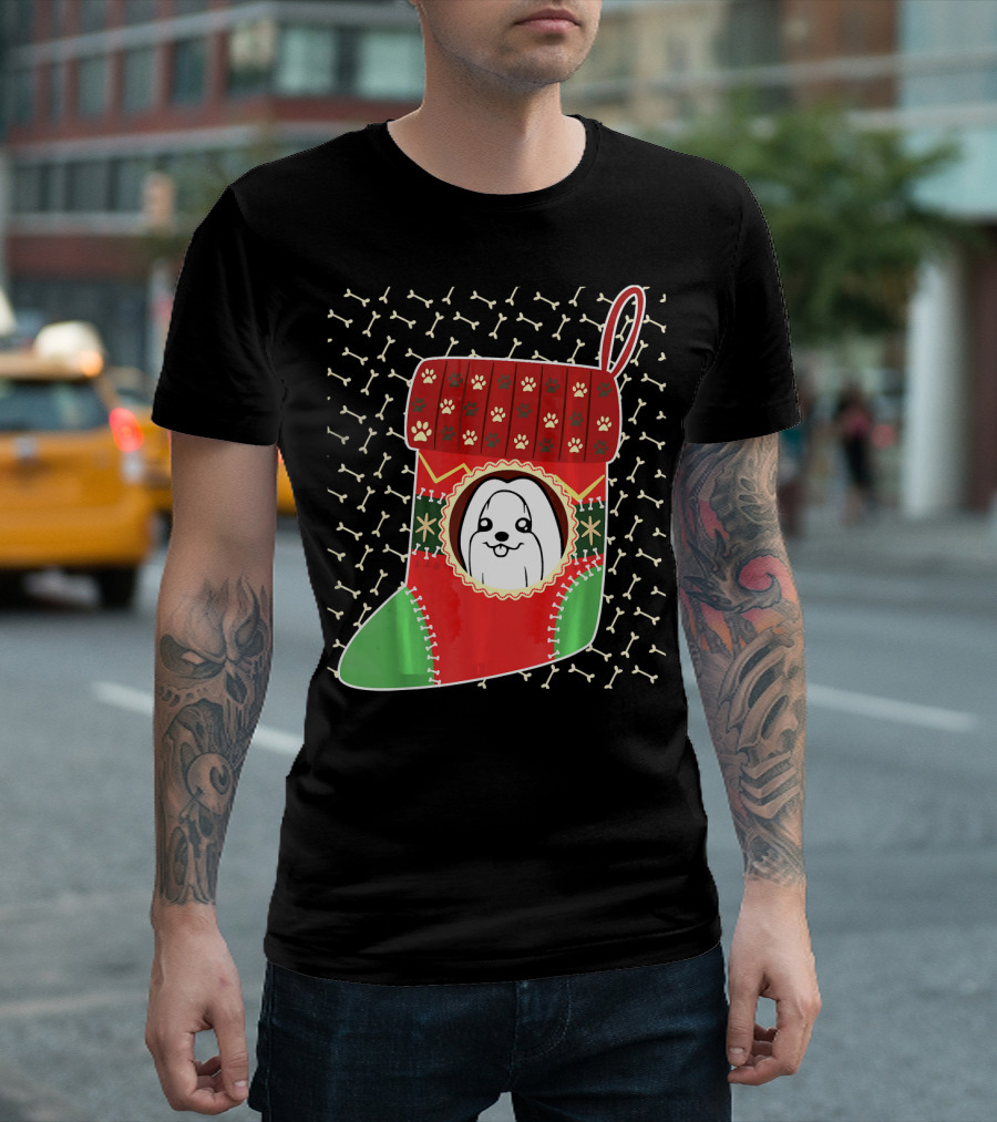 Maltese Dog In Red Green Christmas Stocking With Paw Prints And Bones T-Shirt