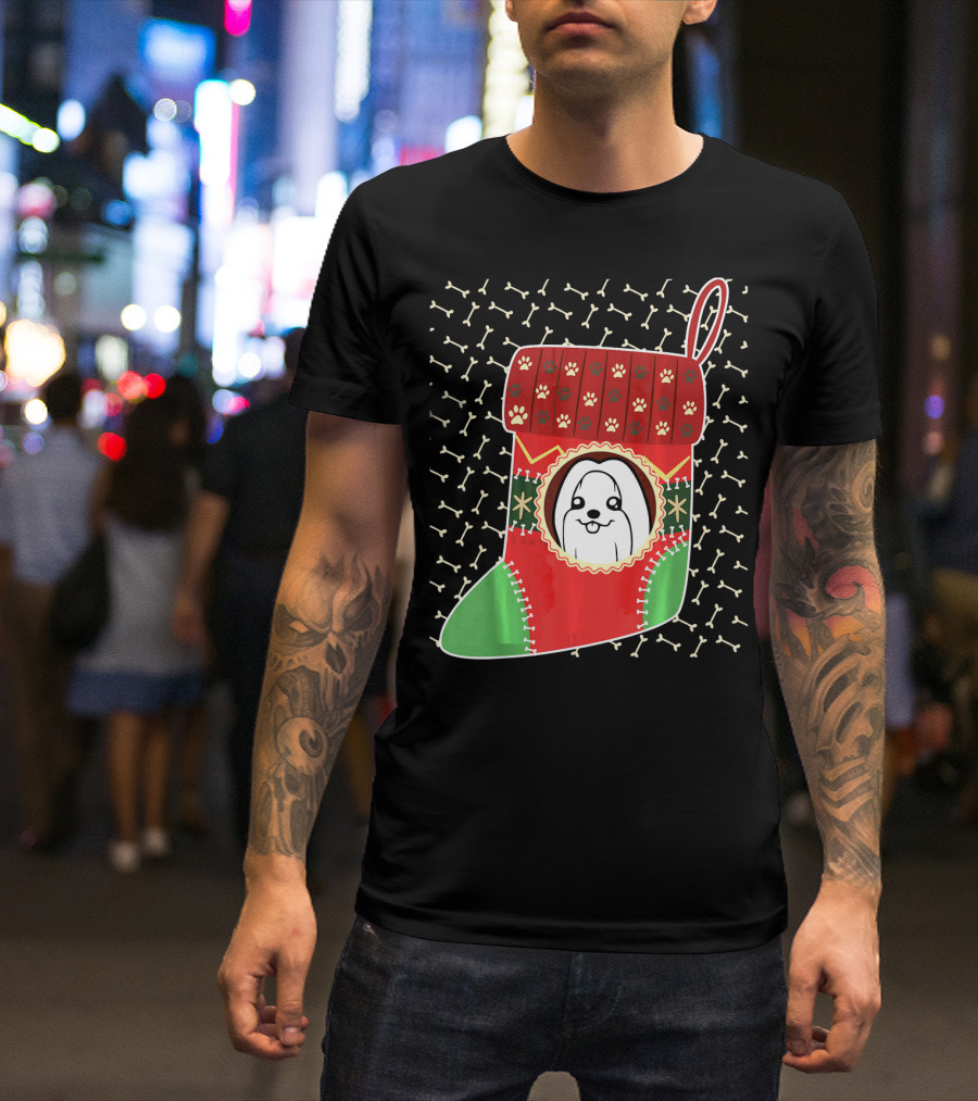 Maltese Dog In Red Green Christmas Stocking With Paw Prints And Bones T-Shirt
