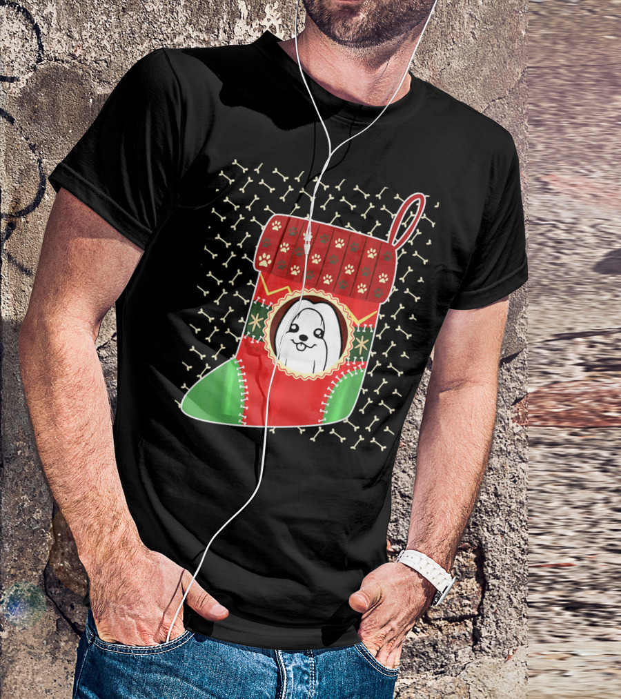Maltese Dog In Red Green Christmas Stocking With Paw Prints And Bones T-Shirt