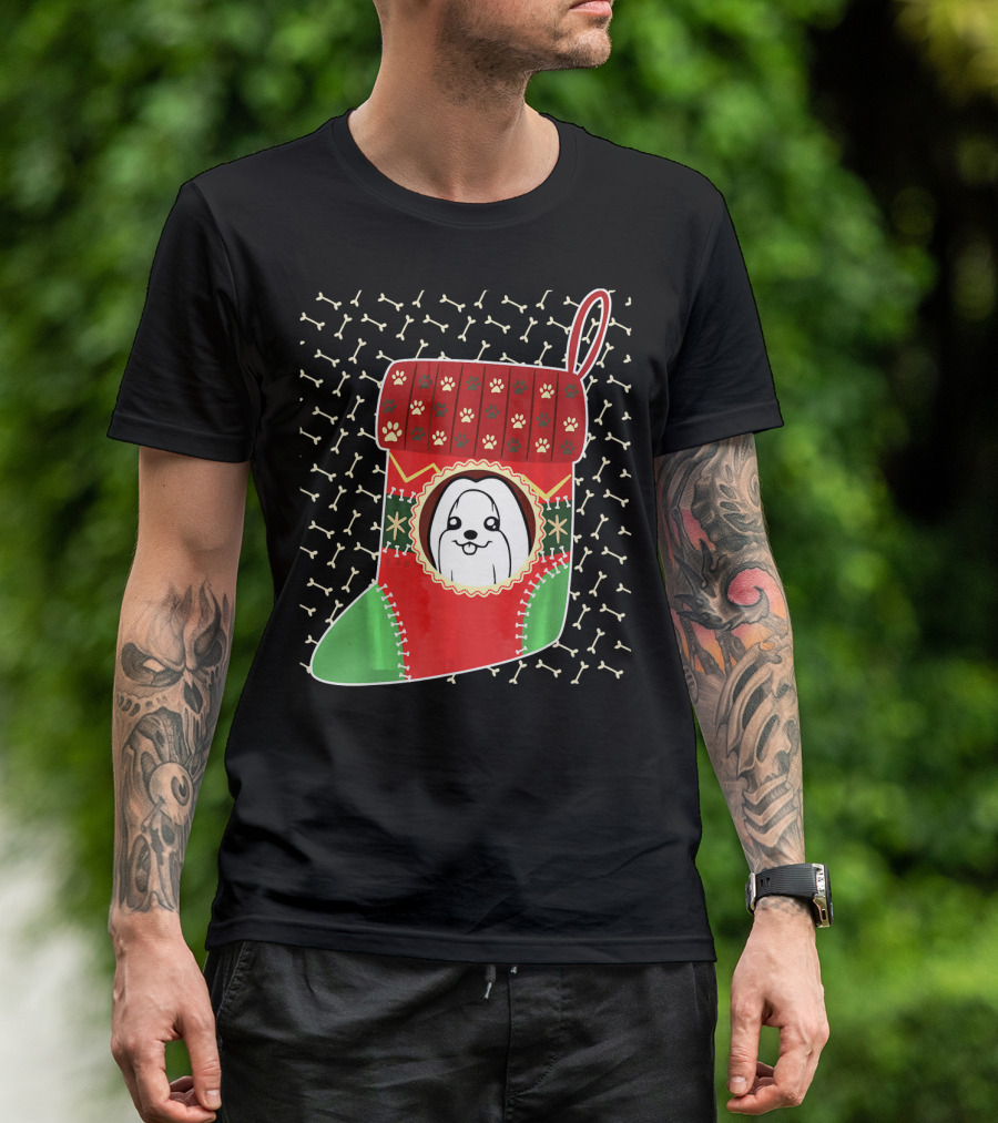 Maltese Dog In Red Green Christmas Stocking With Paw Prints And Bones T-Shirt