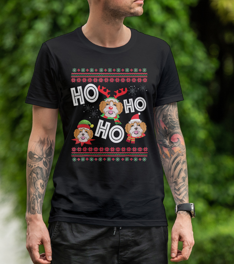HO HO HO Shih Tzu Dog Christmas Reindeer Santa Hat Funny Festive Holiday T-Shirt