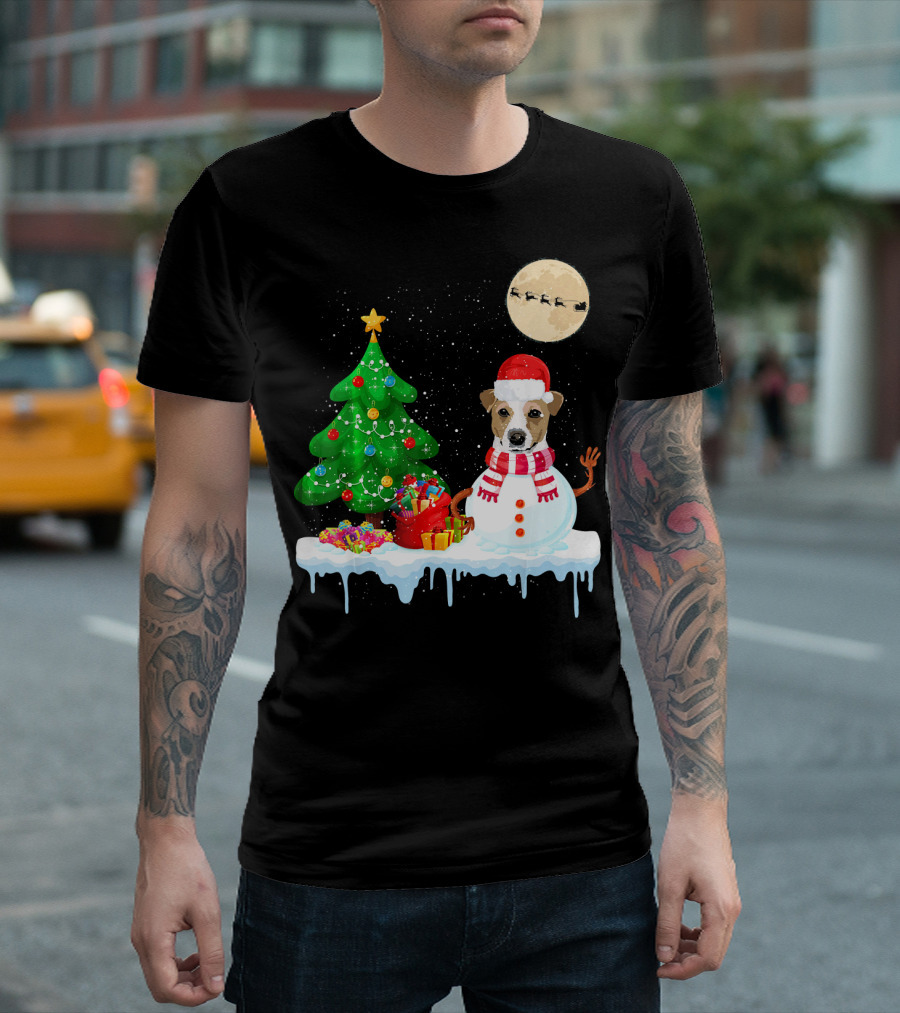 Jack Russell Snowman Costume Funny Chris Christmas Tree Moon Santa Sleigh T-Shirt