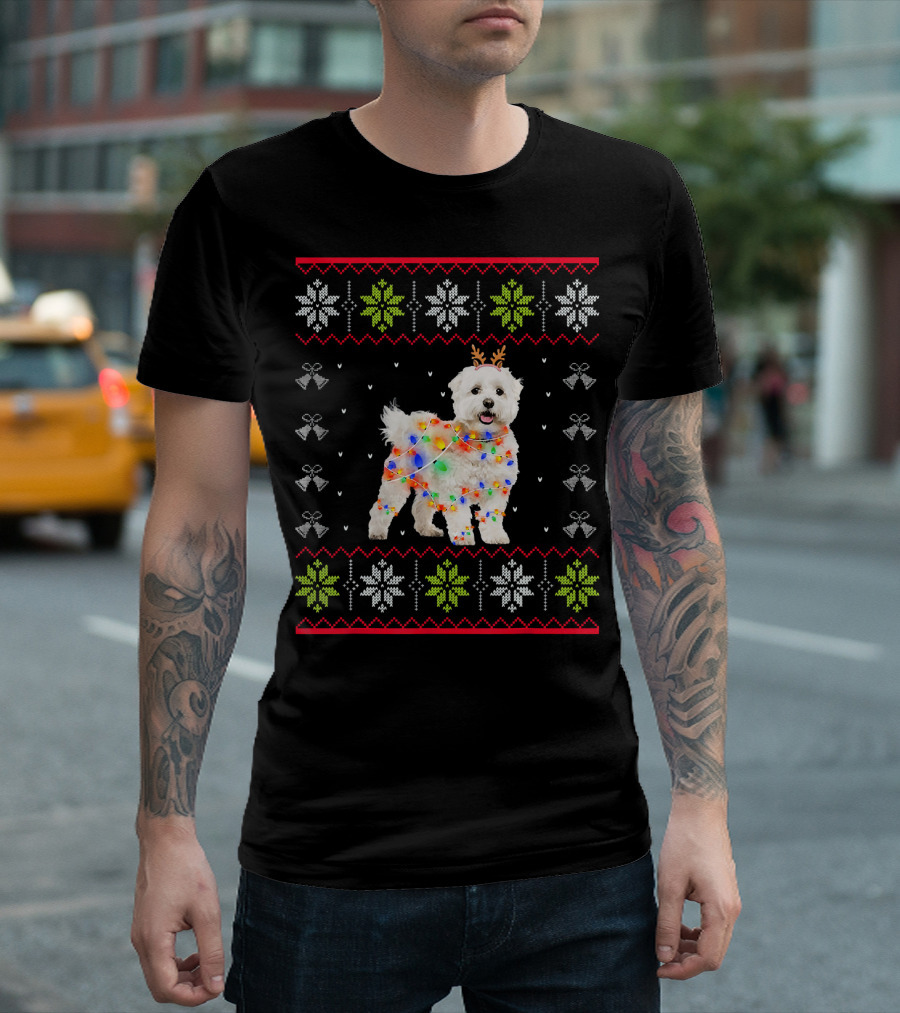 Maltese Christmas UglyStyle Dog with Festive Lights and Reindeer Antlers Snowflake T-Shirt