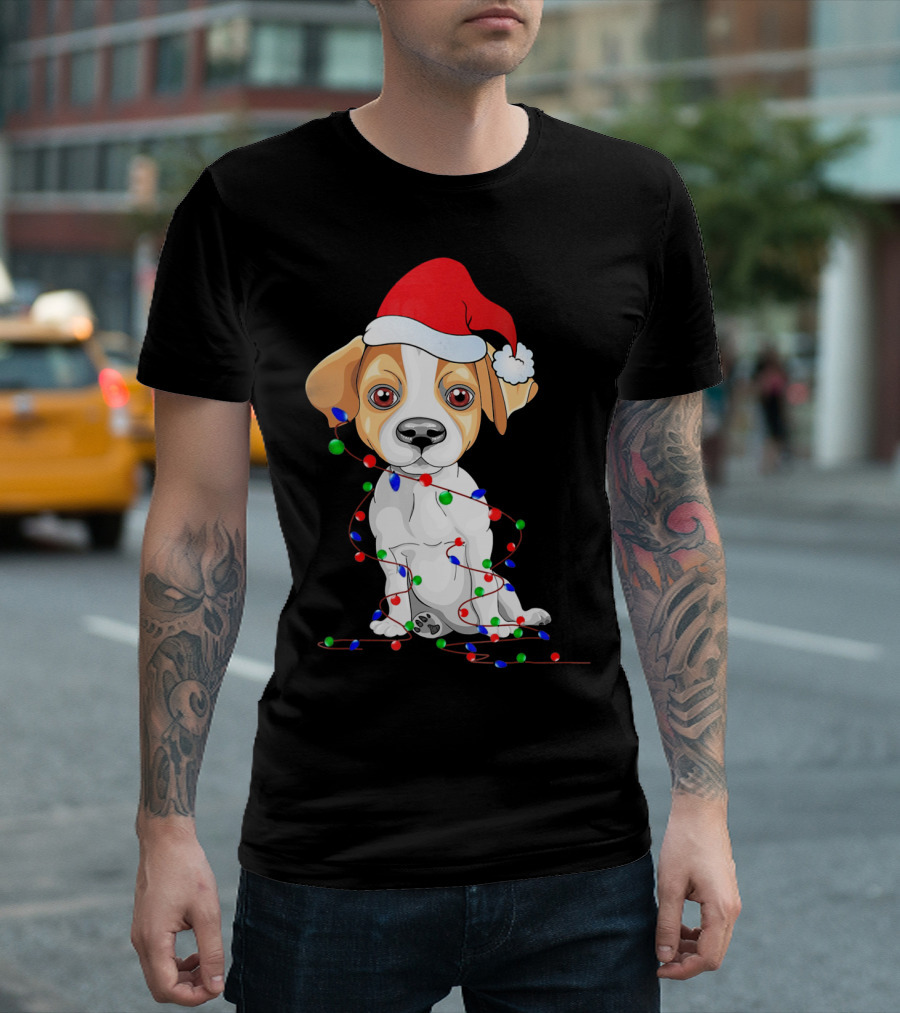 Jack Russell Terrier Santa Hat With Christmas Lights Holiday T-Shirt