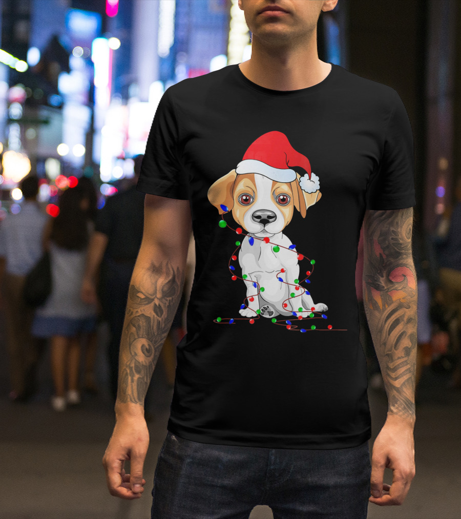 Jack Russell Terrier Santa Hat With Christmas Lights Holiday T-Shirt