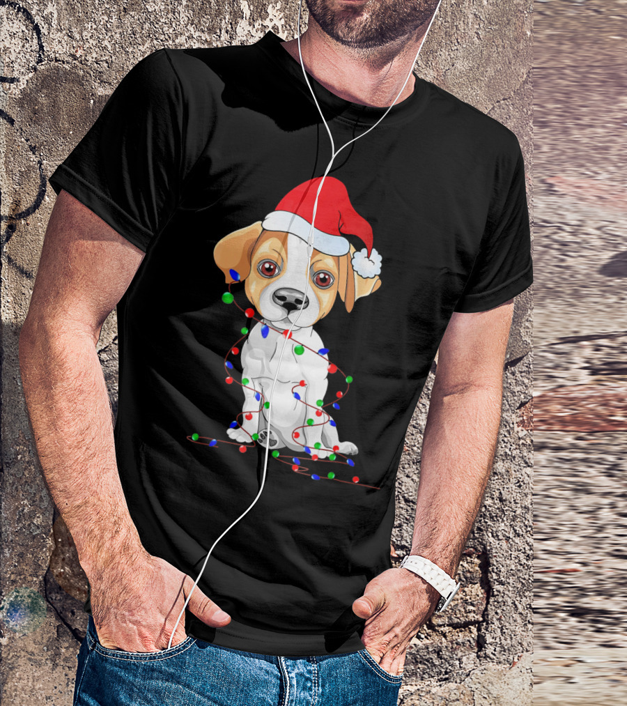 Jack Russell Terrier Santa Hat With Christmas Lights Holiday T-Shirt