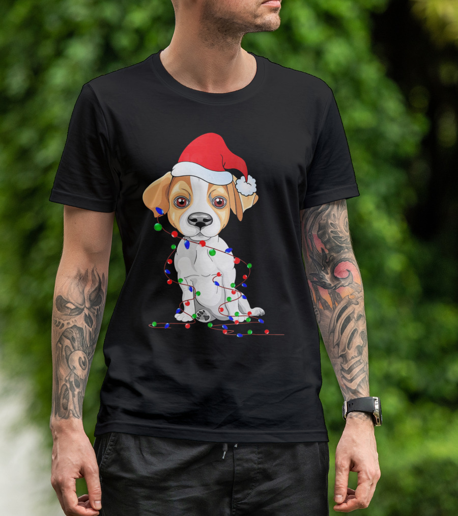 Jack Russell Terrier Santa Hat With Christmas Lights Holiday T-Shirt
