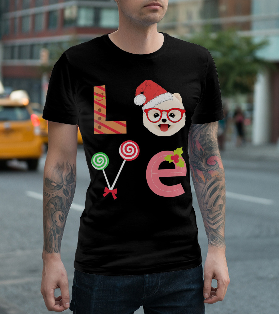 Love Christmas Pomeranian Santa Hat Candy Lollipops T-Shirt