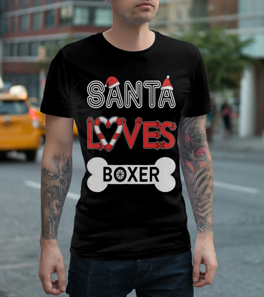 Santa Loves Boxer Christmas Paw Print Candy Cane Bone T-Shirt
