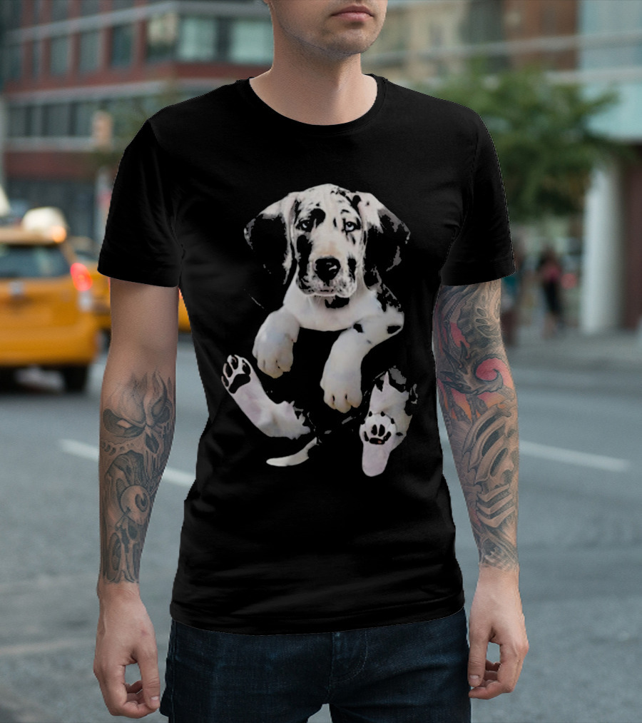 Harlequin Great Dane Puppy Inside Pocket Sitting Pose T-Shirt