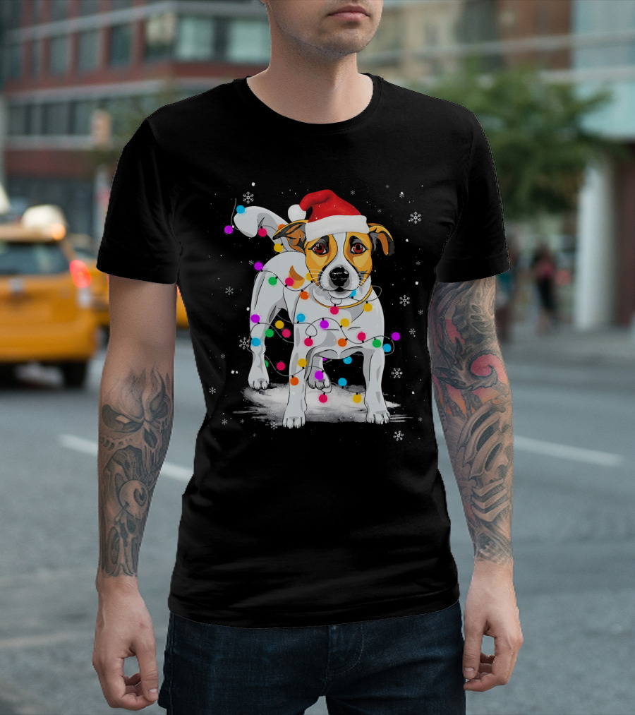 Jack Russell Terrier in Santa Hat with Colorful Christmas Lights and Snowflakes T-Shirt