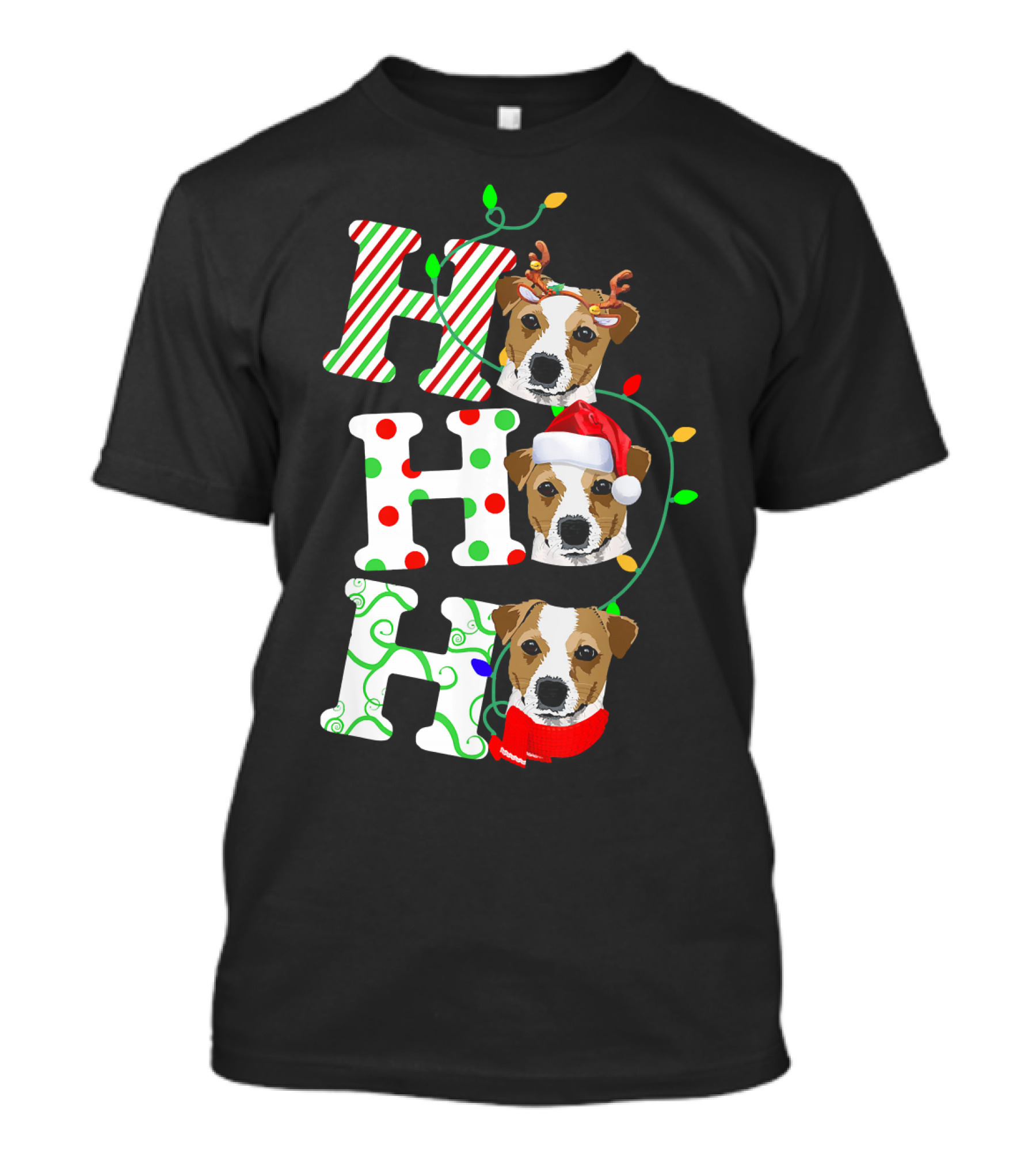 Ho Ho Ho Jack Russell Terrier Christmas Santa Hat And Reindeer Antlers T-Shirt