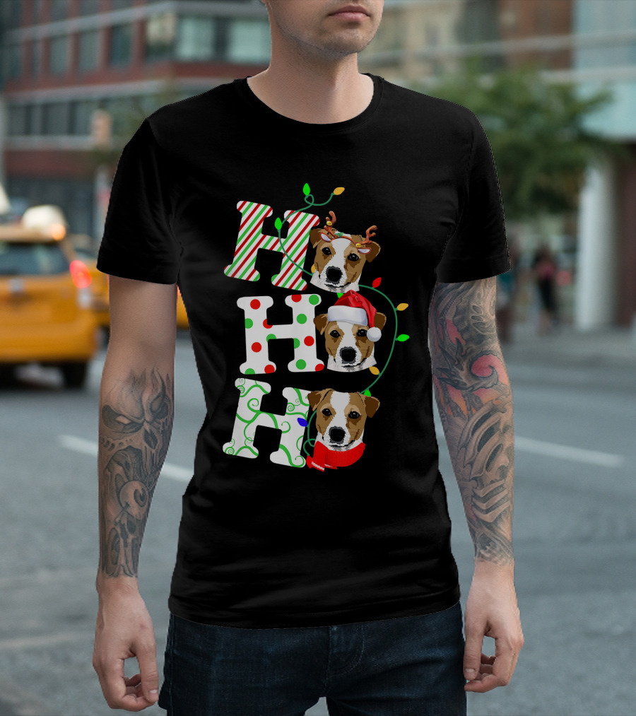 Ho Ho Ho Jack Russell Terrier Christmas Santa Hat And Reindeer Antlers T-Shirt