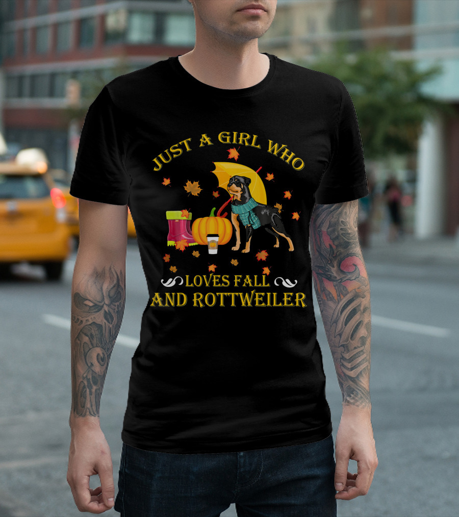 Just A Girl Who Loves Fall And Rottweiler With Pumpkin Leaves Umbrella Boot Coffee T-Shirt