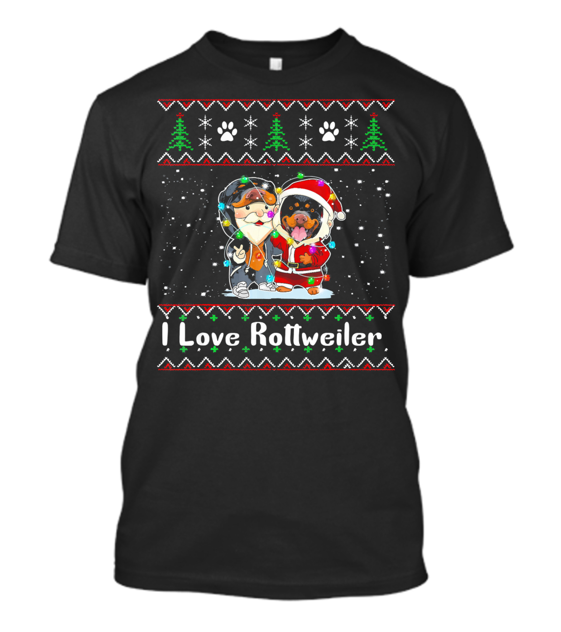 I Love Rottweiler Santa Suit Christmas Trees Paw Prints T-Shirt