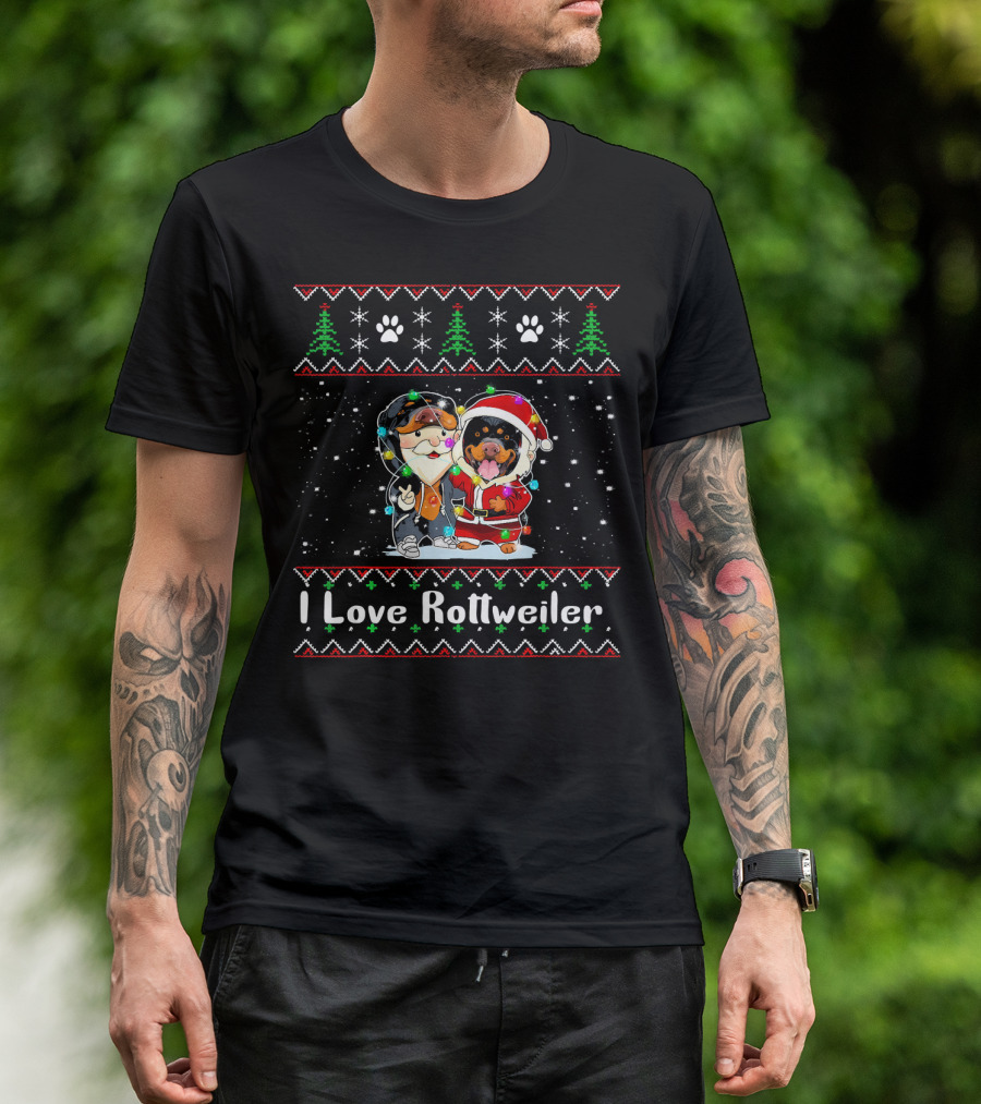 I Love Rottweiler Santa Suit Christmas Trees Paw Prints T-Shirt