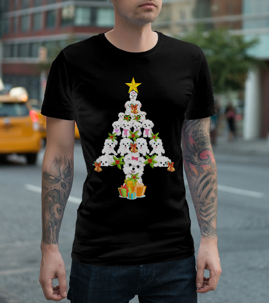 Maltese Dog Christmas Tree With Presents And Star For Dog Lovers T-Shirt