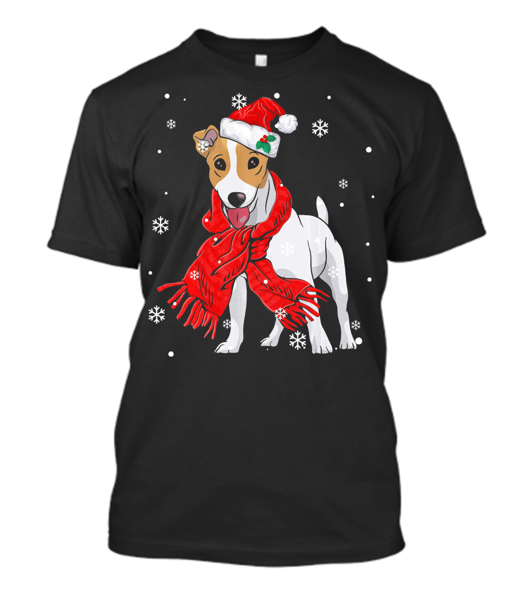 Jack Russell Terrier Festive Santa Hat Red Scarf Snowflakes T-Shirt