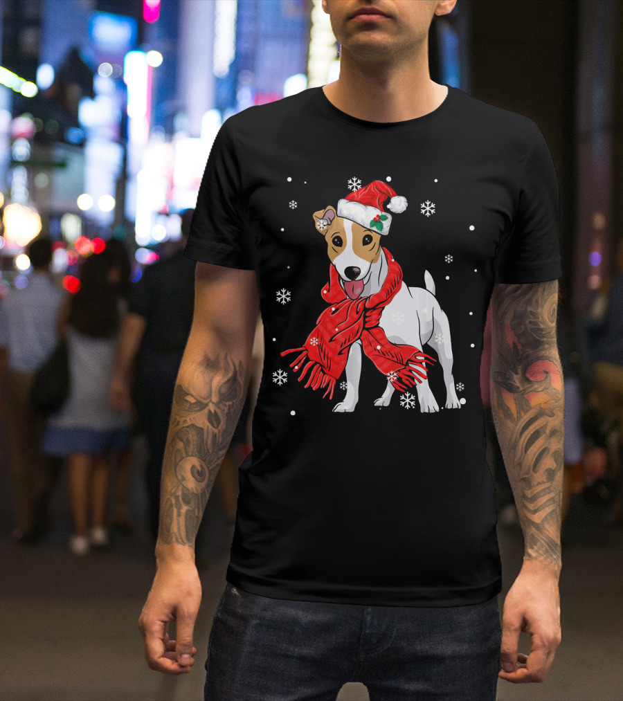 Jack Russell Terrier Festive Santa Hat Red Scarf Snowflakes T-Shirt